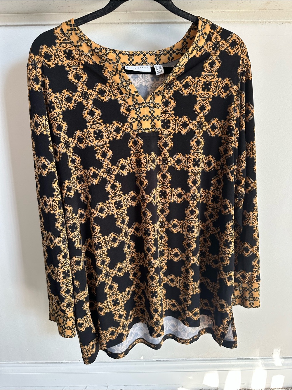 Susan Graver Black and Gold Baroque-Print Long Sleeve Top